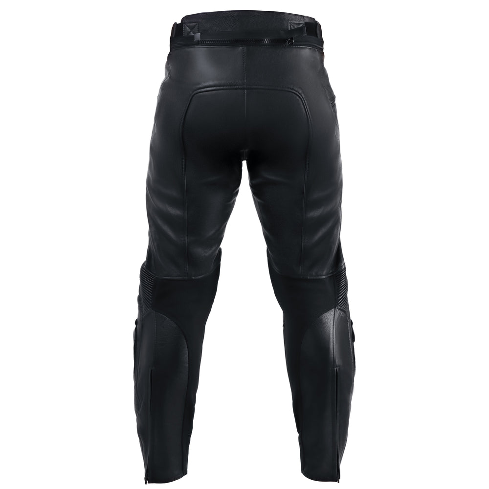Черни кожени панталони за мотор БУРЯ с протектори и подплата, снимка отзад