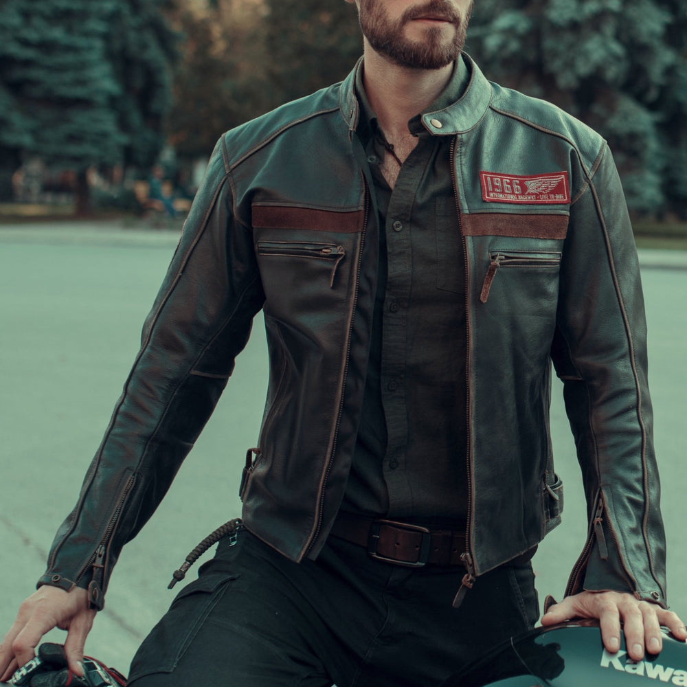 Кафяво кожено яке за мотор 1966 в ретро стил - МотоГотин