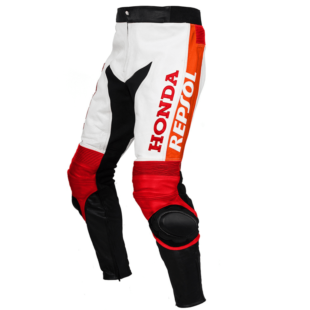 Мъжки кожени панталони за мотор ХОНДА РЕПСОЛ (HONDA REPSOL) в черно и оранжево - МотоГотин