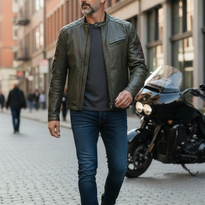 Ретро кожено моторно яке ДЪБЛИН в маслиненозелено - МотоГотин