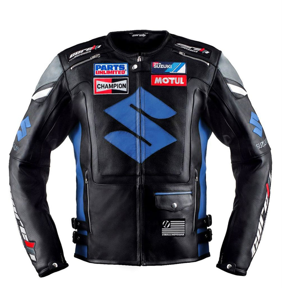 кожено яке за мотор Сузуки с протектори, в черно и синьо, естествена телешка кожа, снимка отпред