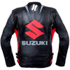 кожено яке за мотор Сузуки с протектори, в черно и червено, естествена телешка кожа, снимка отзад