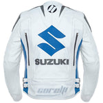 кожено яке за мотор Сузуки с протектори, в бяло и синьо, естествена телешка кожа, снимка отпред
