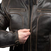 Ретро кафяво кожено яке за мотор с протектори МОТО ПРИКЛЮЧЕНИЕ, естествена кожа, снимка отблизо